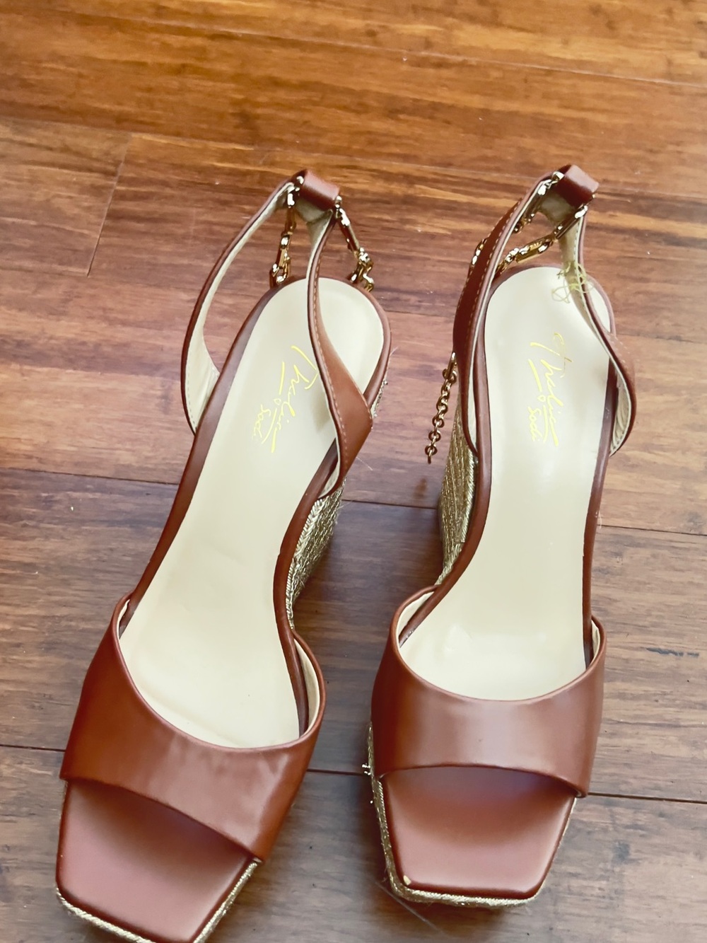 Thalia Sodi Brown Leather Slingback Wedge Sandals with Gold Accents